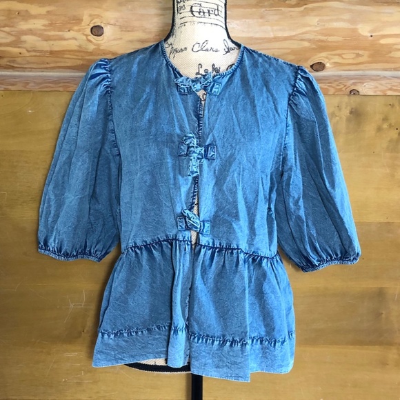 GANNI Sky Captain Blue Cotton Poplin Tie Blouse in size 12 - Picture 7 of 14